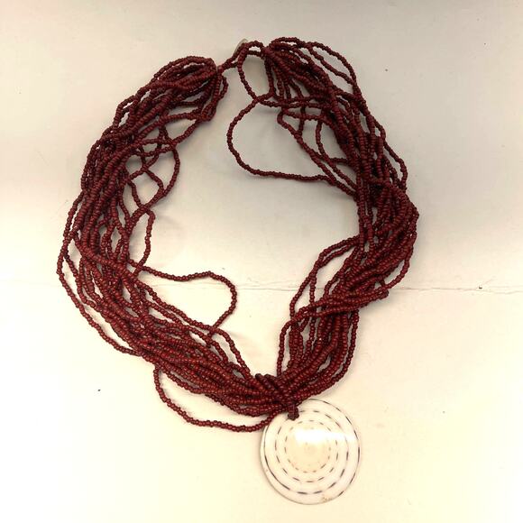 Vintage Multi Strand Seed Bead Rust Red Stone Pendant Necklace B#8 - Picture 4 of 11